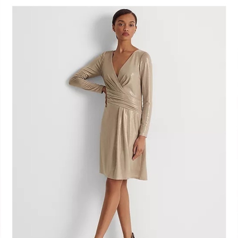 Lauren Ralph Lauren NWT  Gold Foil Jersey Knit Cocktail Dress Sz S Ret $195